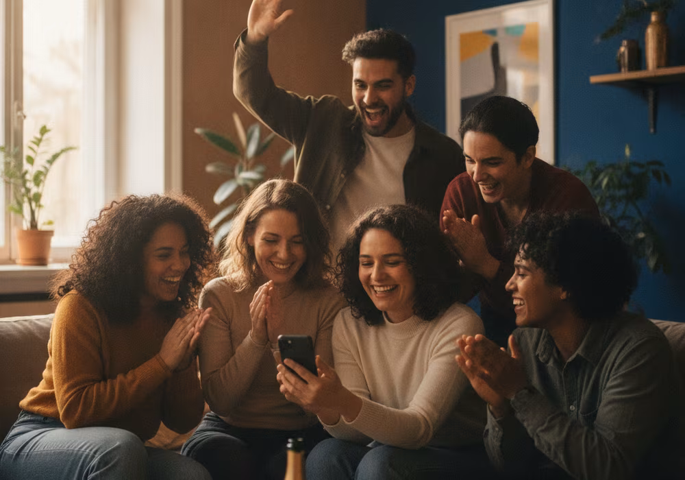 Grupo diversificado de jogadores a partilhar um momento de diversão