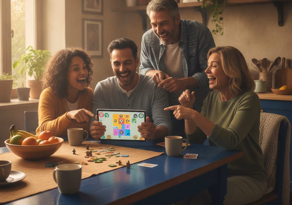 Família a conviver em ambiente acolhedor, simbolizando equilíbrio entre lazer e vida pessoal